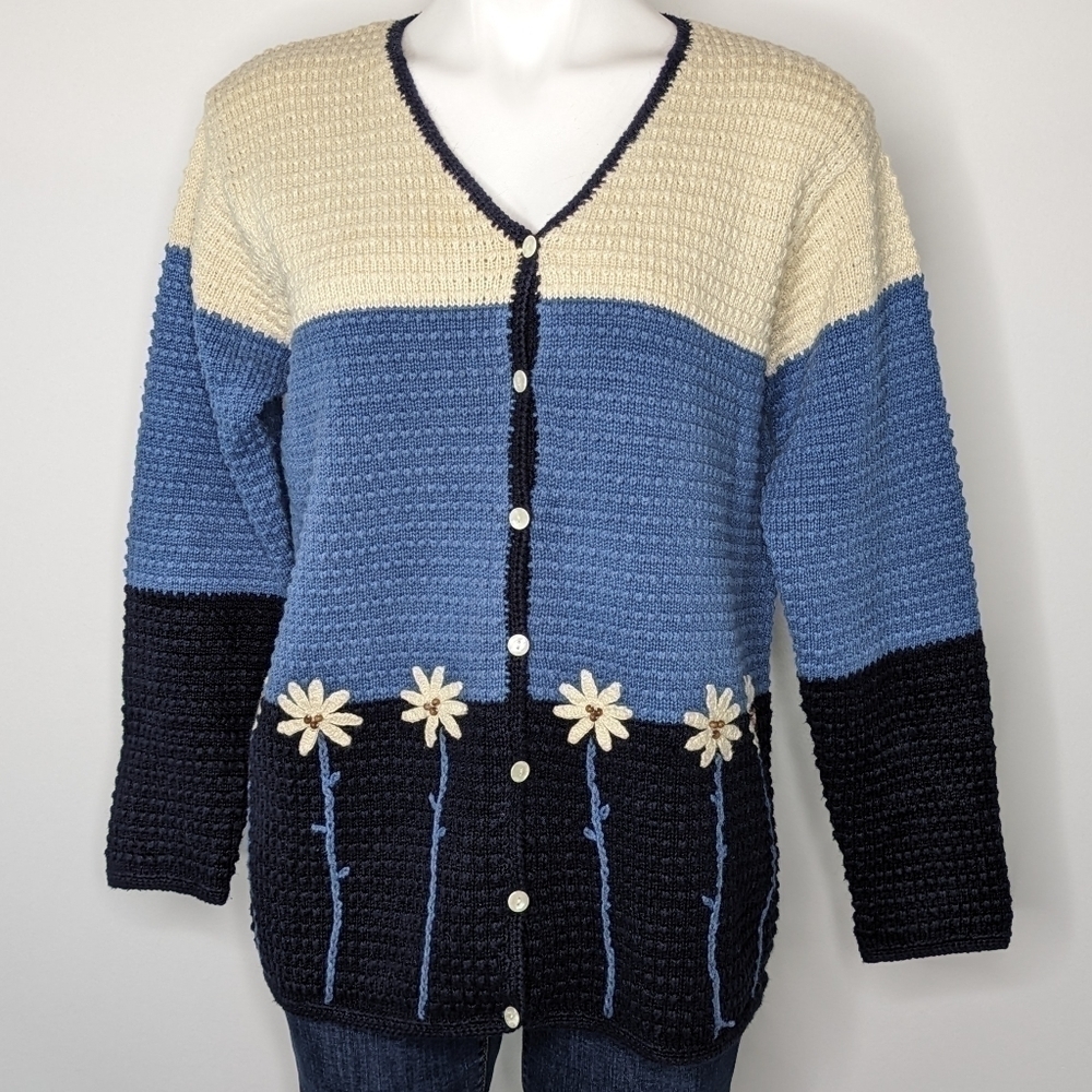 Vintage Stitches In Time blue cream floral button up cardigan sweater M